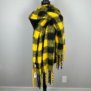 Chunky Buffalo Plaid Fringe Scarf Yellow Black 90”x20” New Winter Cozy Soft Warm